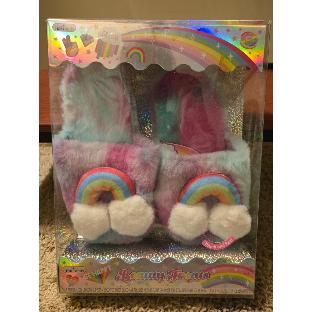 Hot Focus‎ Beauty Treats Fuzzy Rainbow Slippers Nail Polish Spa Gift Set Youth
